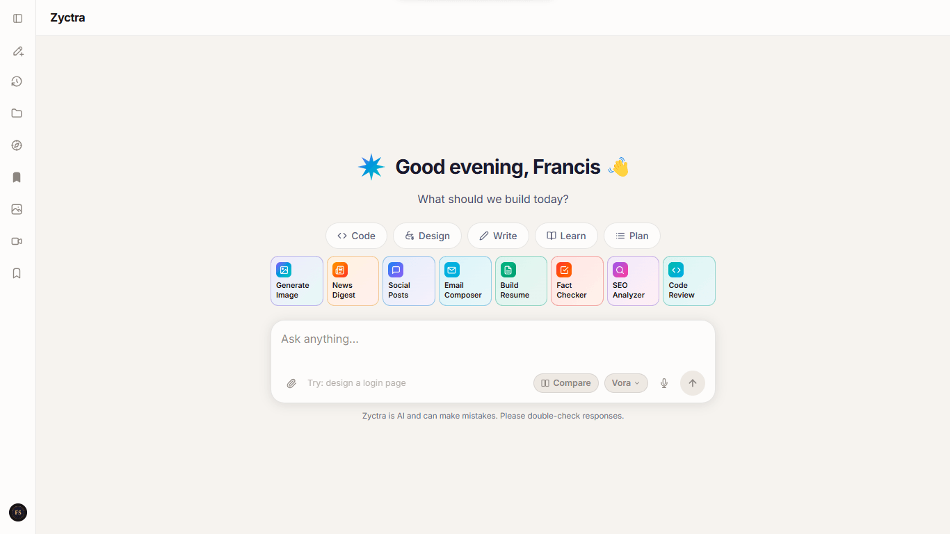 Zyctra AI-powered assistant platform — live screenshot
