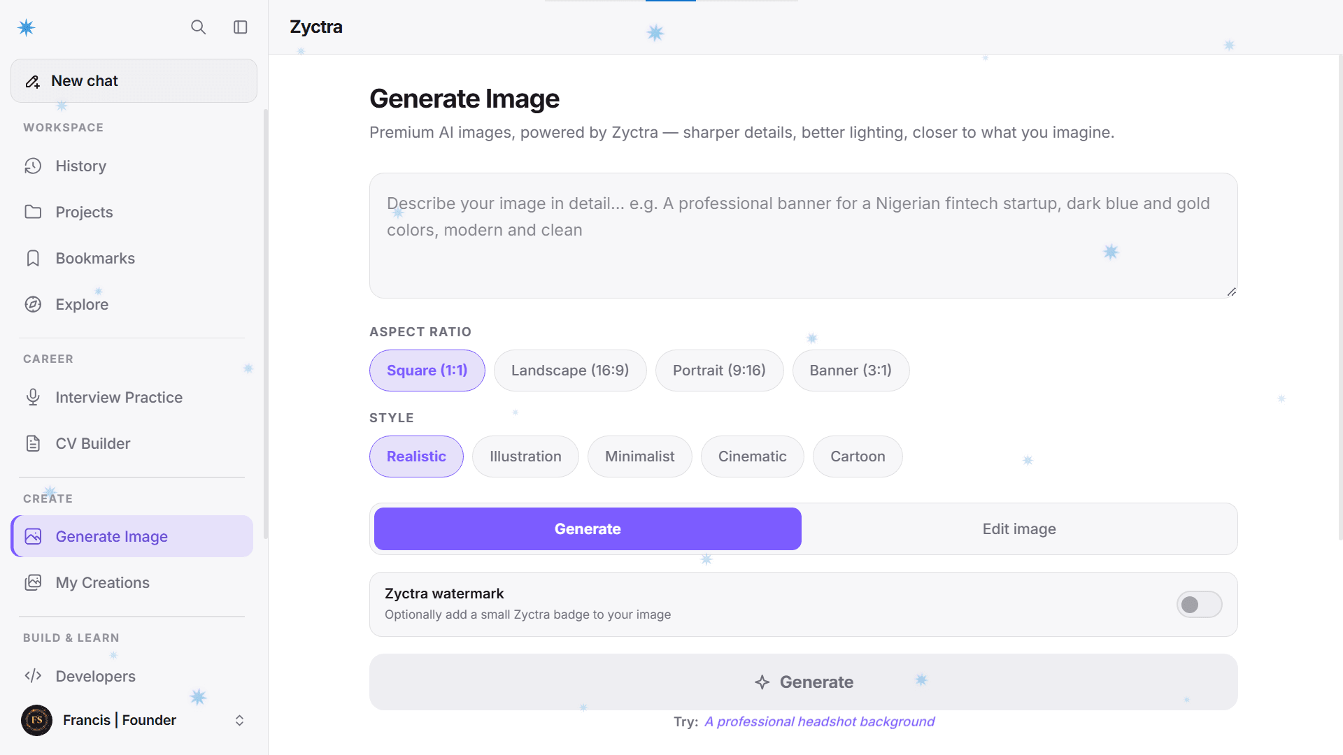 Zyctra Generate Image screen with aspect ratio and style options