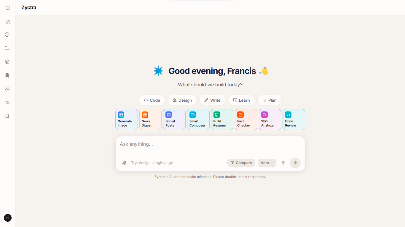 Zyctra AI-powered assistant platform screenshot