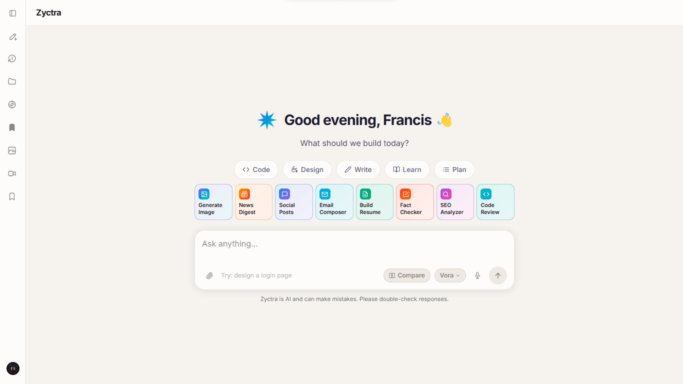 Zyctra AI-powered assistant platform — live screenshot